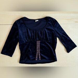 VTG Jalate Navy Blue Velvet Ruched Top Embroidered Trim Whimsigoth Y2K